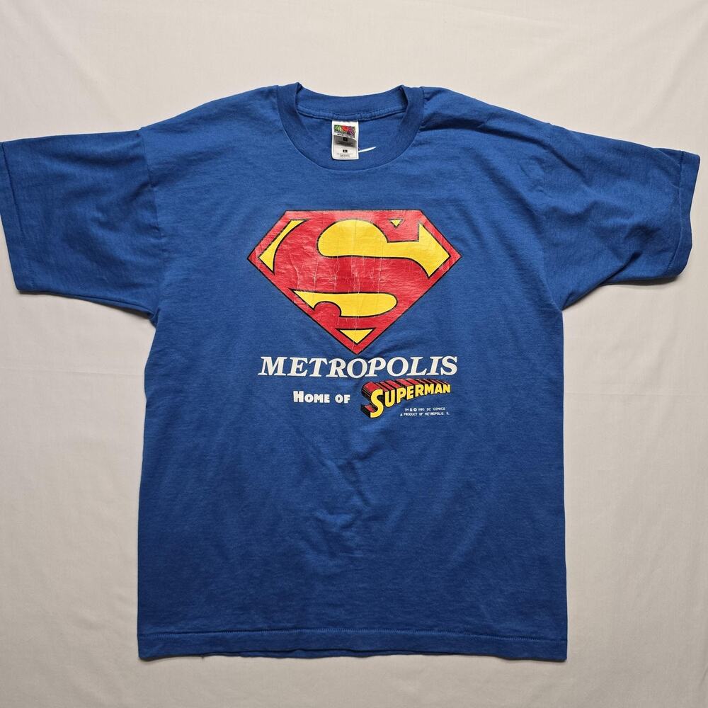 Vintage Superman Shirt Mens L Blue Metropolis Home of Superman DC Comics 90s VTG